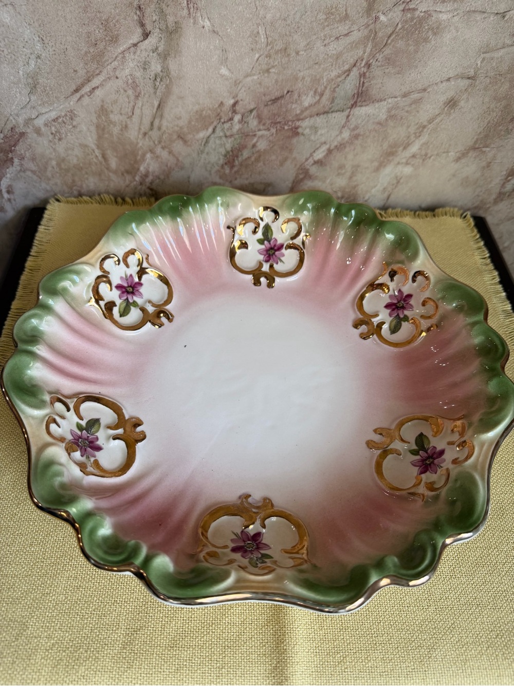 Porcelain Decorative Serving Bowl - Pink and Green Floral Design